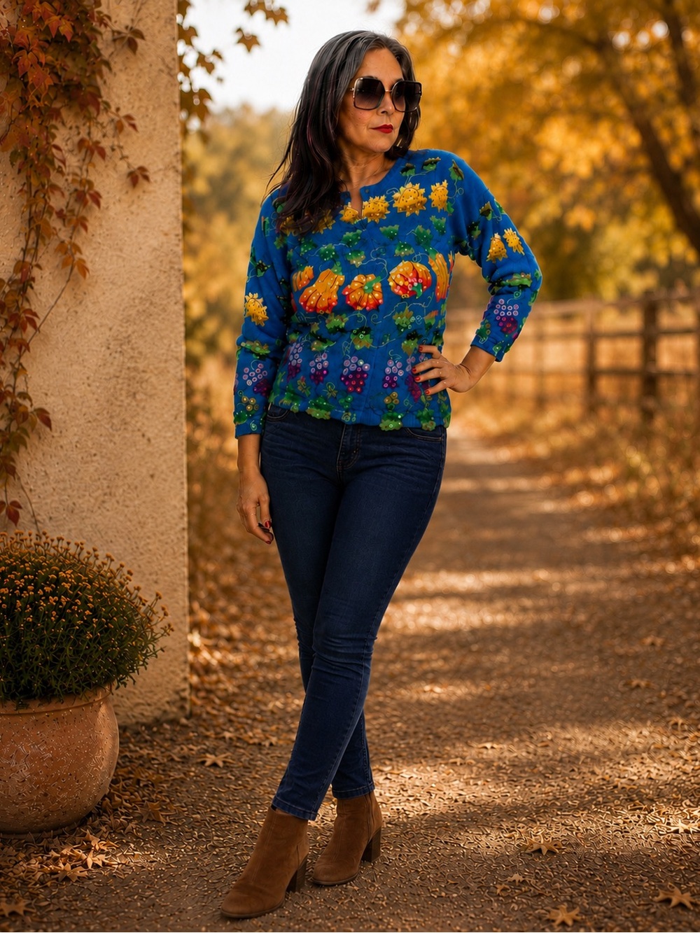 Jane’s Closet Sequin Harvest Pumpkin Grape Cardigan Sweater L Cottagecore